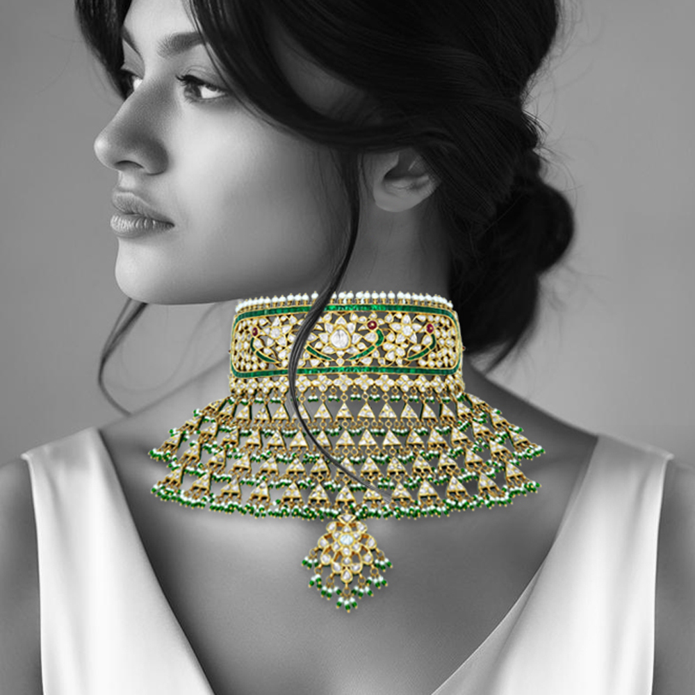 Traditional Polki Choker Aad with Emerald Accents and Pearl Fringe